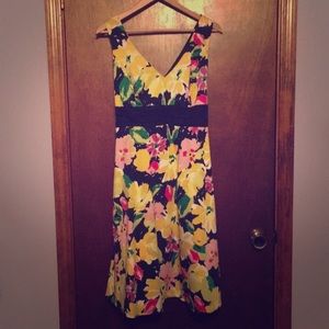 Black and floral knee length sleeveless dress